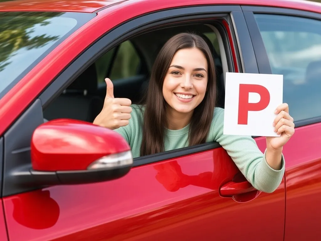 Learner driver giving a thumbs up while holding a P plate through the car window